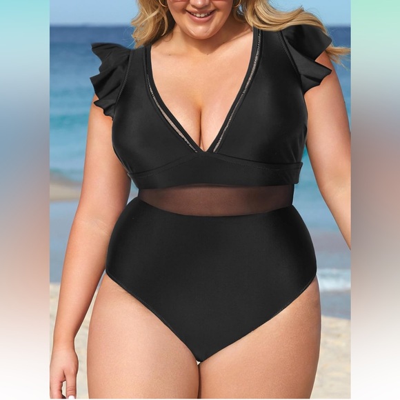 Plus Size V Neck Ruffle Mesh Bathing Suit - Picture 1 of 9